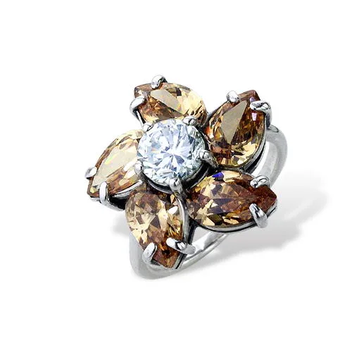 Crystal Flower Silver Ring 925 Sterling Silver